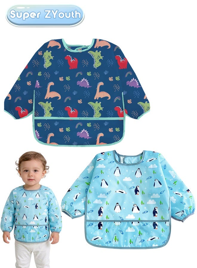 Super ZYouth 2 Pack Baby Long Sleeve Bibs, Waterproof Toddler Feeding Smock for 1-3 Years with Catch-All Pocket, Full Coverage Apron for Eating, Painting, Outdoor Play, Beach & Camping - Image 1