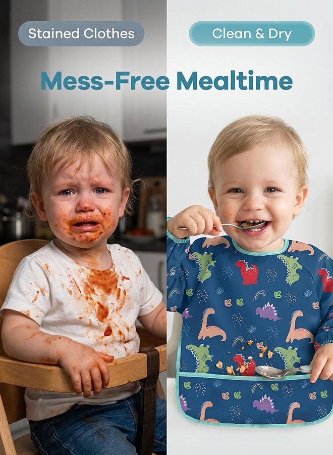 Super ZYouth 2 Pack Baby Long Sleeve Bibs, Waterproof Toddler Feeding Smock for 1-3 Years with Catch-All Pocket, Full Coverage Apron for Eating, Painting, Outdoor Play, Beach & Camping - Image 5