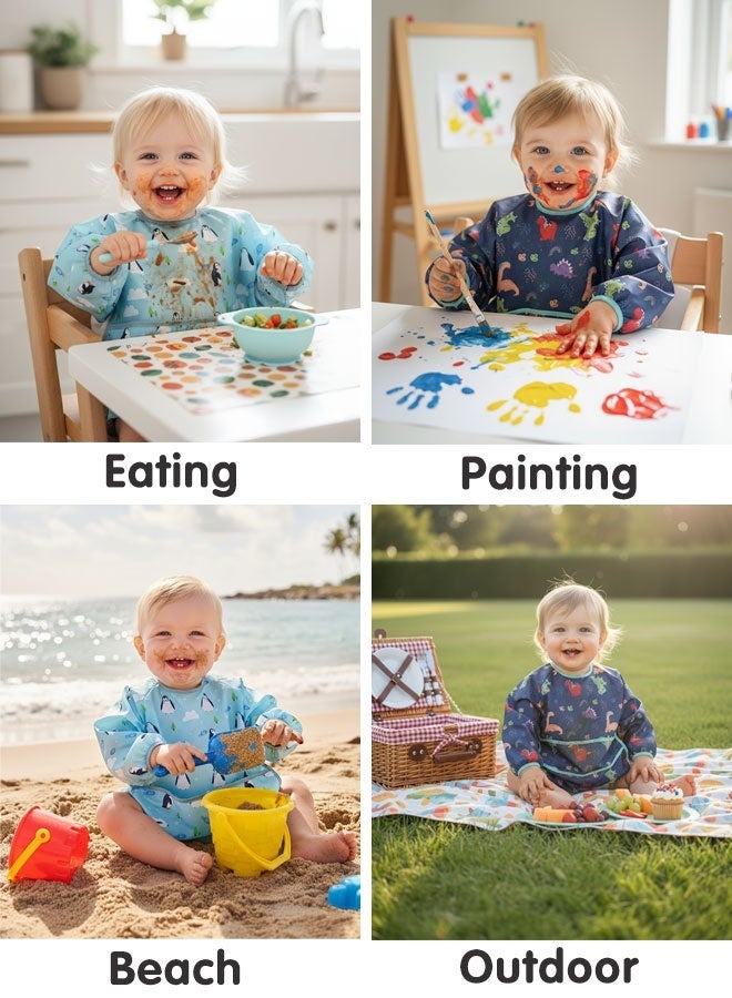 Super ZYouth 2 Pack Baby Long Sleeve Bibs, Waterproof Toddler Feeding Smock for 1-3 Years with Catch-All Pocket, Full Coverage Apron for Eating, Painting, Outdoor Play, Beach & Camping - Image 2