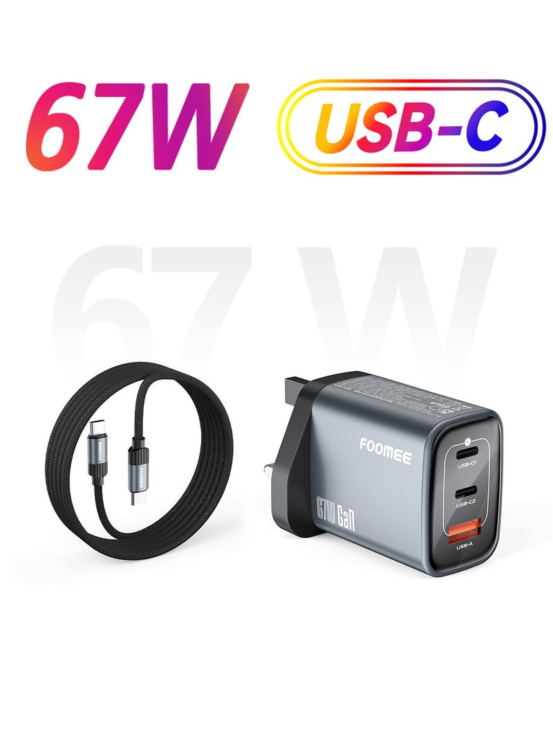 FOOMEE 67W Fast Charger, GaN 3-Port Charger with USB-C Cable【Wide Compatibility】： Multi-Port Charger for Samsung, iPhone 17/16/15/14/13 Series, Laptop, MacBook, Xiaomi, Huawei - Image 1
