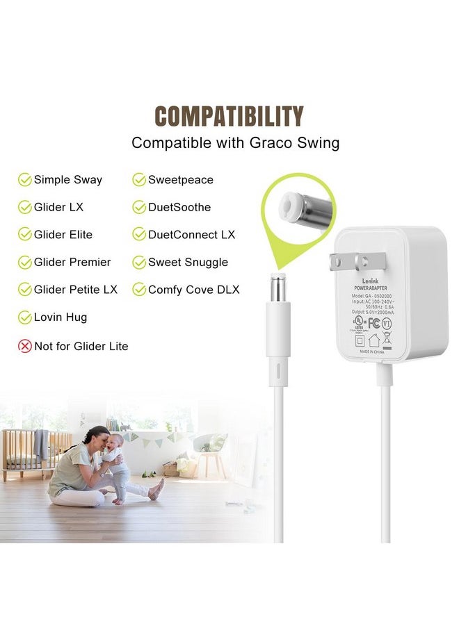 Lenink - Lenink 5V 2A Baby Swing Power Cord Replacement Compatible with Graco DuetSoothe, DuetConnect LX, Simple Sway, Glider LX, Glider Elite and More (6ft, White) - Image 1