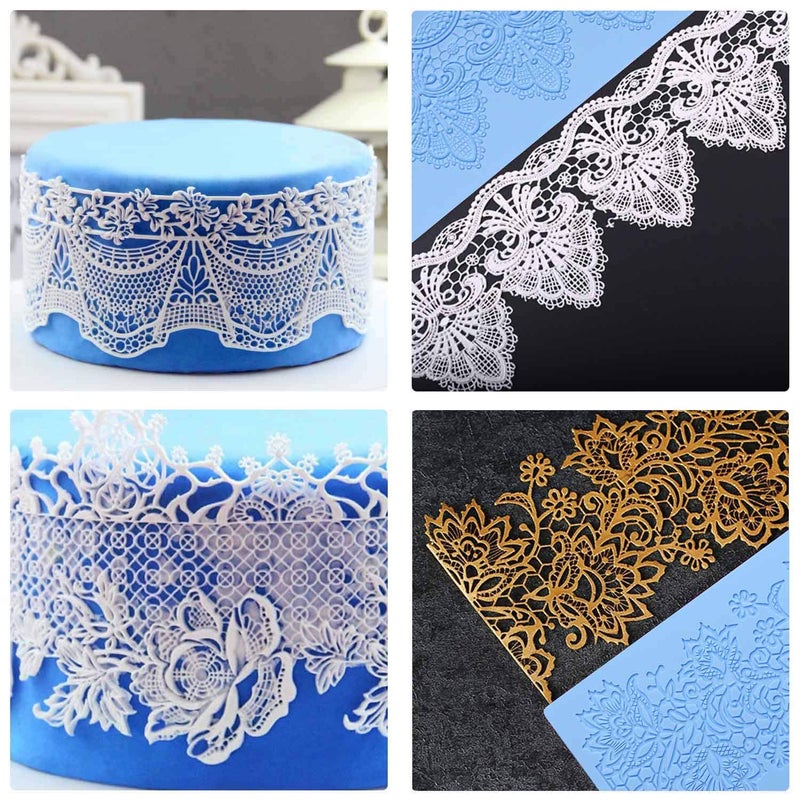 Beasea Silicone Lace Mold  5pcs Lace Fondant Molds Cake Lace Molds for Cake Decorating Lace Mat Flower Pattern Molds Sugar Craft Tools - Blue - Image 2