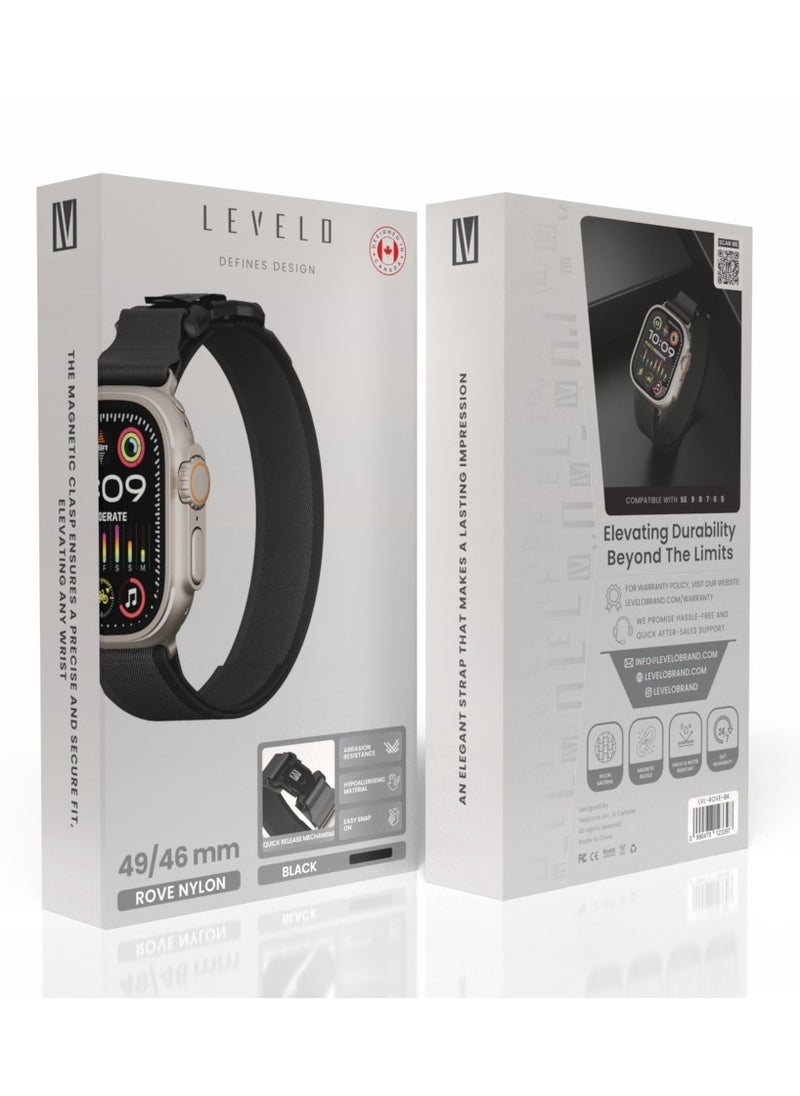 LEVELO - Rove Nylon Apple Watch 49/46mm Strap with Metal Magnetic Buckle / Nylon Material / Sweat & Water Resistant / 24/7 Wearability / Abrasion Resistance / Hypoallergenic Material / Quick Release Mechanism / Easy Snap On - Black - Image 1