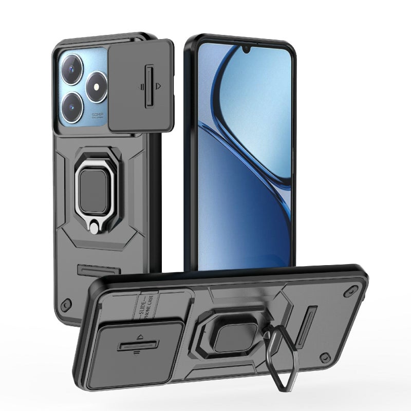 HuHa Case Cover For Realme C63 4G Global Sliding Camshield TPU + PC Shockproof Phone Case with Holder(Black) - Image 1