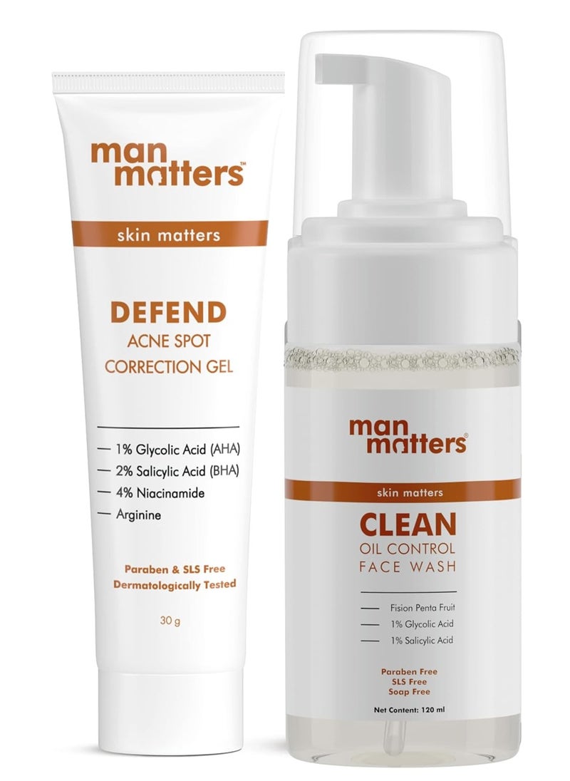 1% Salicylic Acid Oil Control Face Wash 120ml And 2% Salicylic Acid and 1% Glycolic Acid Defend Acne Spot Correction Gel 30g - Reduces Acne, Acne Spots and Blemishes - for men