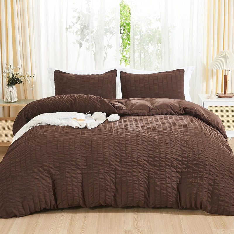 AveLom Brown Duvet Cover Cal King(104 x 98 inches), 3 Pieces (1 Duvet Cover, 2 Pillowcases), Seersucker Striped Soft Washed Microfiber, Textured Duvet Cover Set with Zipper Closure, Corner Ties - Image 1