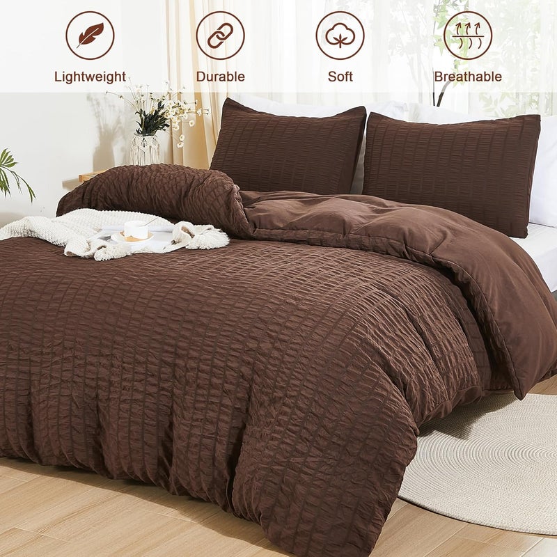 AveLom Brown Duvet Cover Cal King(104 x 98 inches), 3 Pieces (1 Duvet Cover, 2 Pillowcases), Seersucker Striped Soft Washed Microfiber, Textured Duvet Cover Set with Zipper Closure, Corner Ties - Image 2