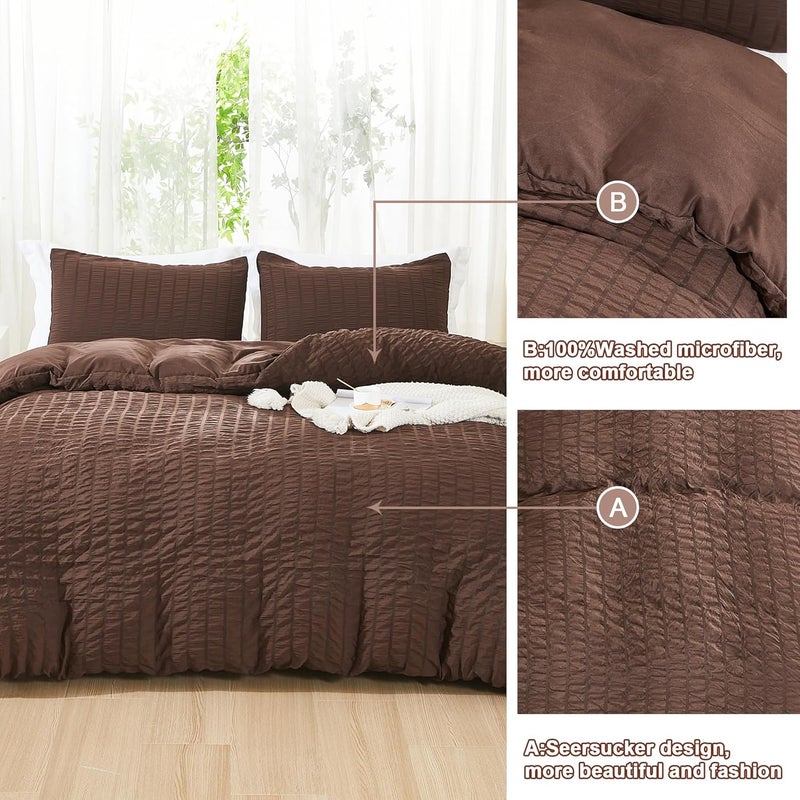 AveLom Brown Duvet Cover Cal King(104 x 98 inches), 3 Pieces (1 Duvet Cover, 2 Pillowcases), Seersucker Striped Soft Washed Microfiber, Textured Duvet Cover Set with Zipper Closure, Corner Ties - Image 5