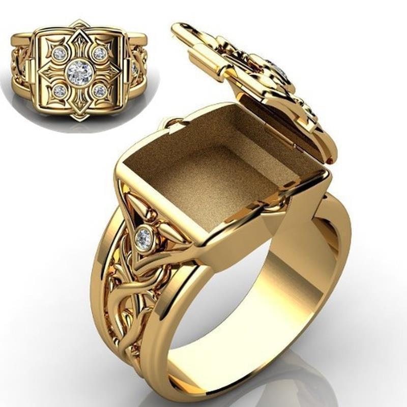 general Trendy Bold Gold Carved Statement Ring with Micro-Paved Diamonds, Flip-Top Design (Size: 11) - Image 2