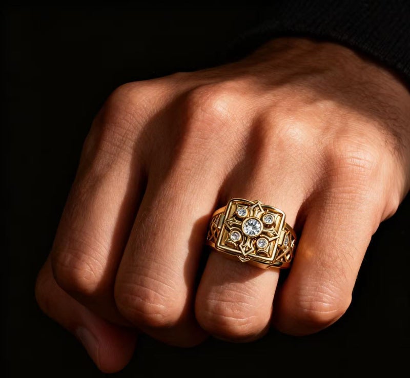 general Trendy Bold Gold Carved Statement Ring with Micro-Paved Diamonds, Flip-Top Design (Size: 11) - Image 4