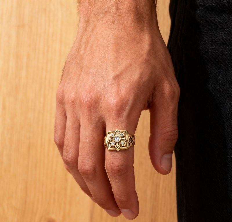 general Trendy Bold Gold Carved Statement Ring with Micro-Paved Diamonds, Flip-Top Design (Size: 11) - Image 3