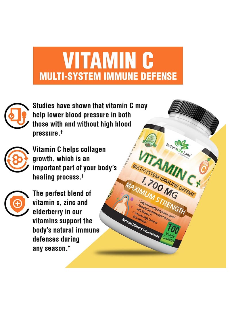 NaturaLife Labs Vitamin C 1 700 Mg With Vitamin D3 Zinc Elderberry Ginger Root Maximum Strength Multi System Immune Support 100 Veggie Capsules - Image 3