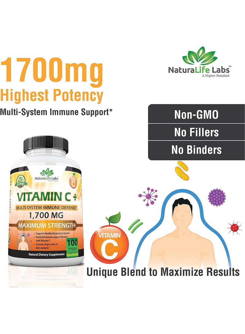 NaturaLife Labs Vitamin C 1 700 Mg With Vitamin D3 Zinc Elderberry Ginger Root Maximum Strength Multi System Immune Support 100 Veggie Capsules - Image 5
