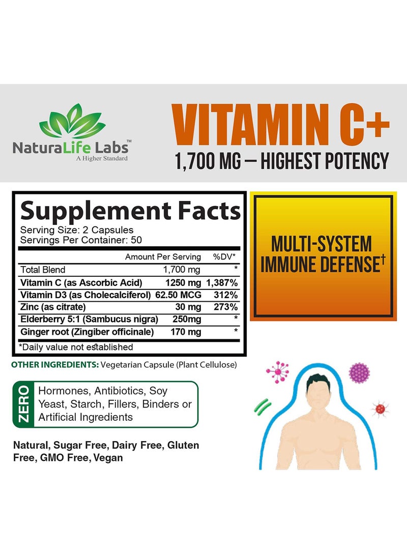 NaturaLife Labs Vitamin C 1 700 Mg With Vitamin D3 Zinc Elderberry Ginger Root Maximum Strength Multi System Immune Support 100 Veggie Capsules - Image 2
