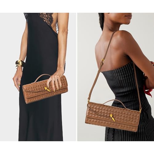 Joryin Woven Purse For Women Evening Clutch Woven Leather Handbags Crossbody Bag Suede Purse Formal Evening Bag, Chestnut - Image 2