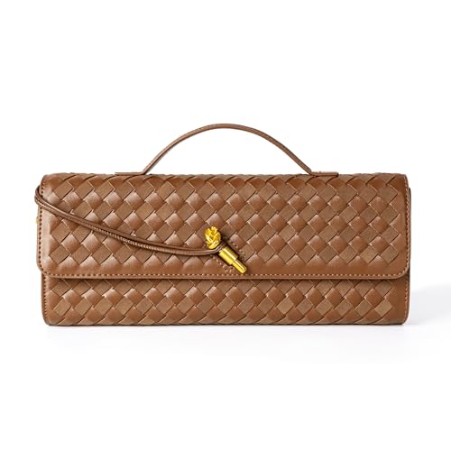Joryin Woven Purse For Women Evening Clutch Woven Leather Handbags Crossbody Bag Suede Purse Formal Evening Bag, Chestnut - Image 1