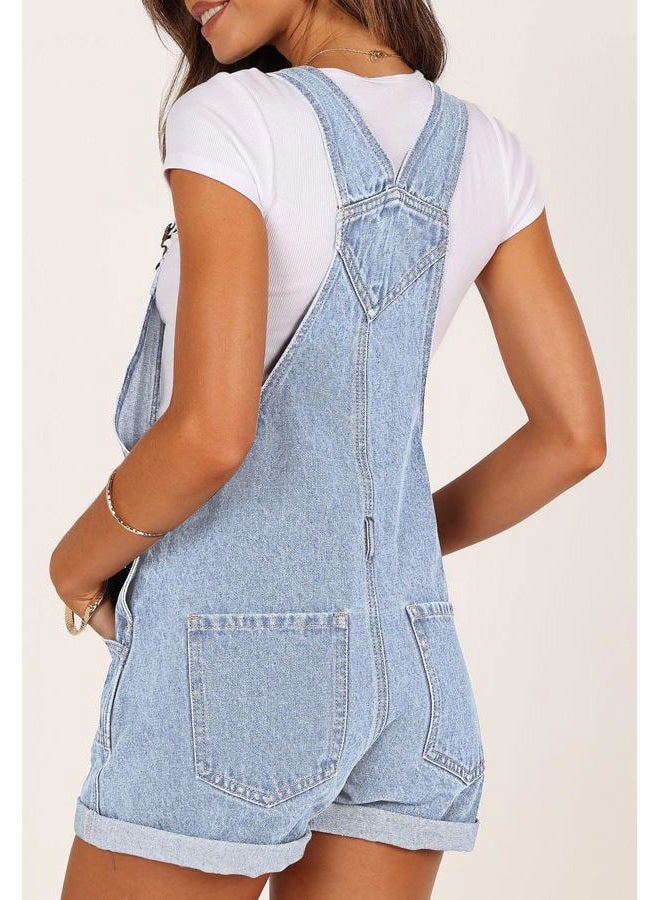 Pink Queen Women's Denim Shortalls Casual Adjustable Straps High Waist Bib Jeans Overalls Shorts Romper with Pockets, B - Light Blue, L - Image 4
