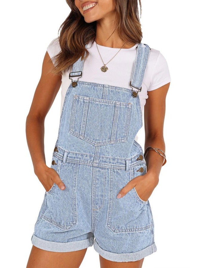 Pink Queen Women's Denim Shortalls Casual Adjustable Straps High Waist Bib Jeans Overalls Shorts Romper with Pockets, B - Light Blue, L - Image 1