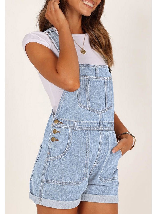 Pink Queen Women's Denim Shortalls Casual Adjustable Straps High Waist Bib Jeans Overalls Shorts Romper with Pockets, B - Light Blue, L - Image 3