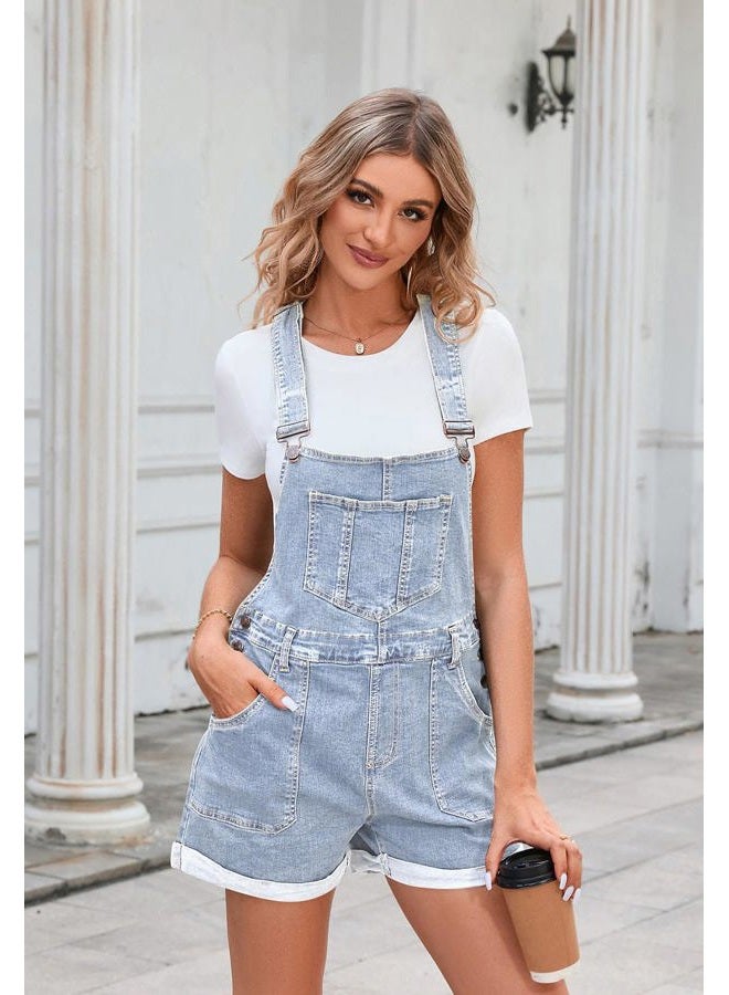 Pink Queen Women's Denim Shortalls Casual Adjustable Straps High Waist Bib Jeans Overalls Shorts Romper with Pockets, B - Light Blue, L - Image 5