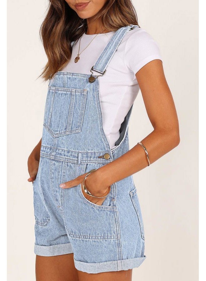 Pink Queen Women's Denim Shortalls Casual Adjustable Straps High Waist Bib Jeans Overalls Shorts Romper with Pockets, B - Light Blue, L - Image 2
