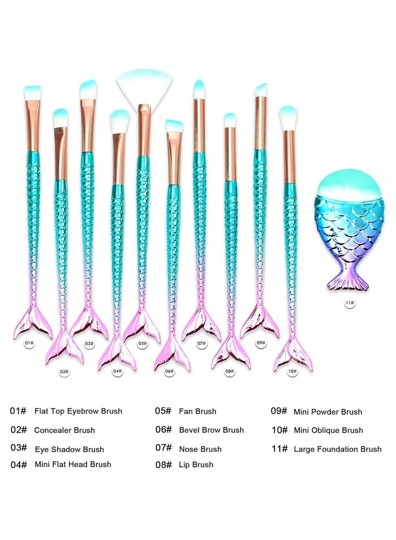 Goolsky مجموعة فرش مكياج 11 قطعة بمقبض ذيل سمكة ملون، فرش أساس وحواجب وآيلاينر وأحمر خدود وكونسيلر، هدايا صغيرة للفتيات، ملحقات مكياج لطيفة - Image 5