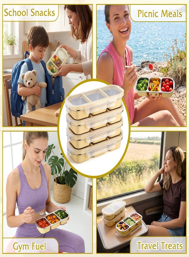 FoldTier 4 Pack Stainless Steel Snack Container for Adults 3-compartment Leak-proof Lunch Box for Work, Travel 10.6 x 4.1 x 2 Inch Stackable Reusable Metal Bento Box(Yellow) - Image 5