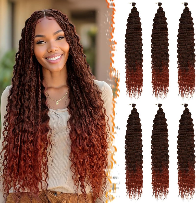 BARSDAR Ocean Wave Crochet Braiding Hair, 55 cm 6 Packs Deep Wave GoGo Curl Crochet Hair for Women Synthetic Boho Braids Long Wavy Curly Braids Hair Extension – Black Ombre Copper Red - Image 1