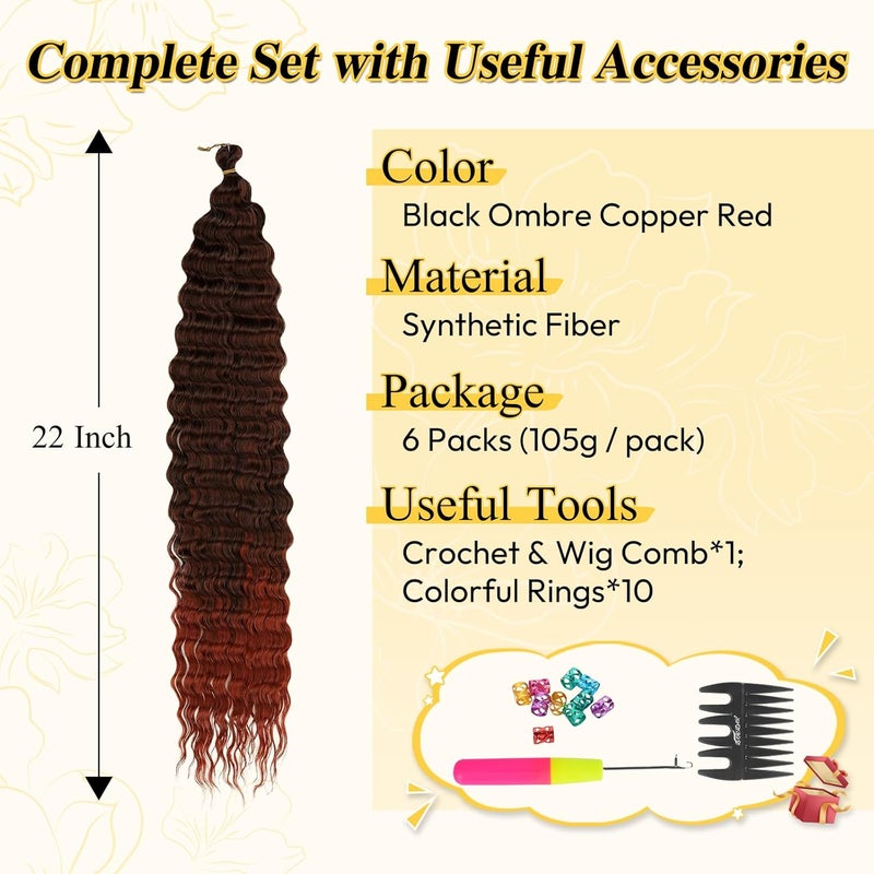 BARSDAR Ocean Wave Crochet Braiding Hair, 55 cm 6 Packs Deep Wave GoGo Curl Crochet Hair for Women Synthetic Boho Braids Long Wavy Curly Braids Hair Extension – Black Ombre Copper Red - Image 2