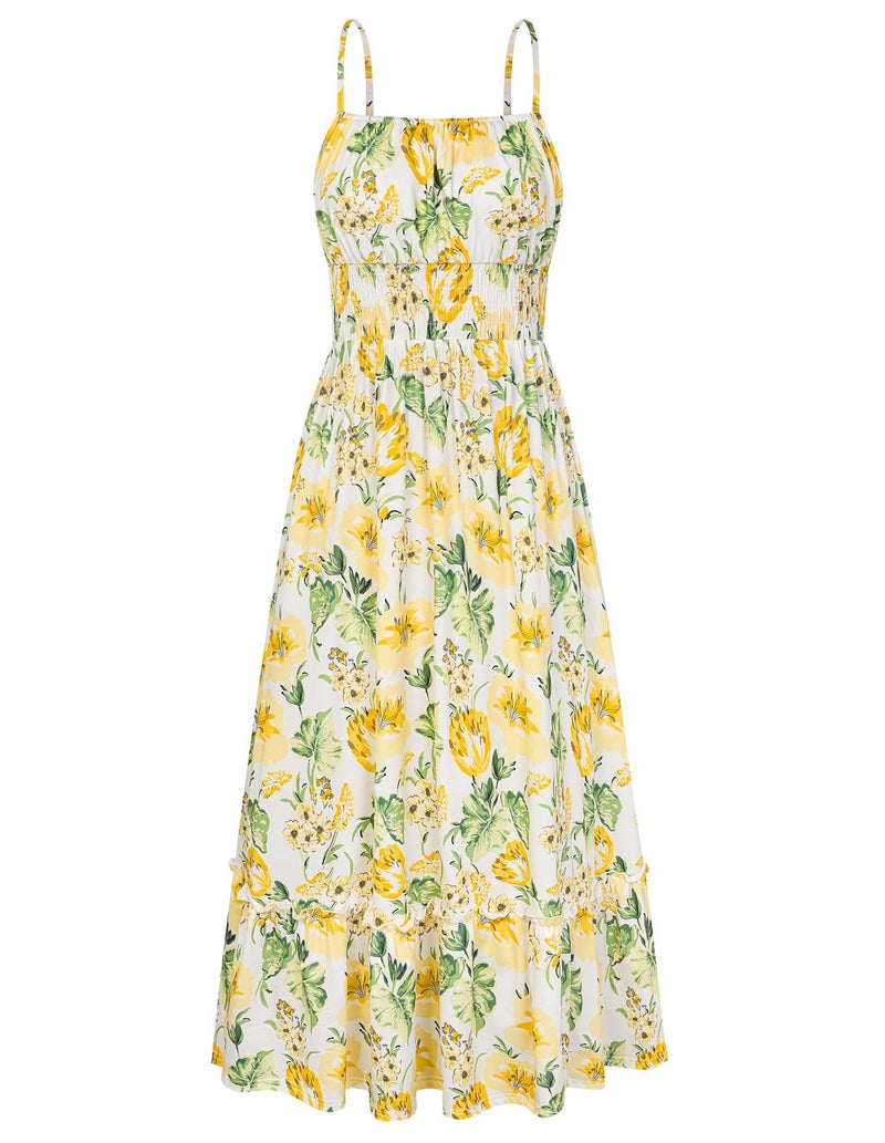 GRACE KARIN Summer Dresses for Women 2026 Vacation,Smocked Floral Maxi Dresses,Boho Beach Long Sundress Yellow White XL - Image 1