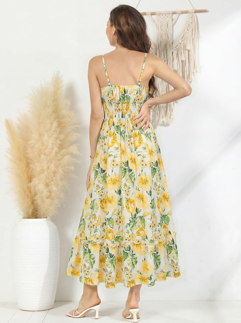 GRACE KARIN Summer Dresses for Women 2026 Vacation,Smocked Floral Maxi Dresses,Boho Beach Long Sundress Yellow White XL - Image 4