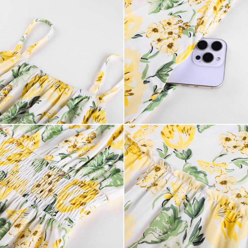 GRACE KARIN Summer Dresses for Women 2026 Vacation,Smocked Floral Maxi Dresses,Boho Beach Long Sundress Yellow White XL - Image 5
