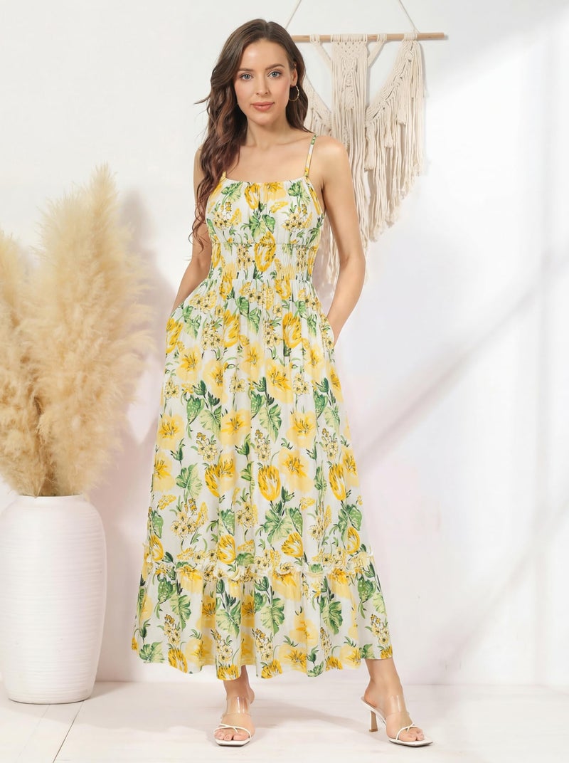 GRACE KARIN Summer Dresses for Women 2026 Vacation,Smocked Floral Maxi Dresses,Boho Beach Long Sundress Yellow White XL - Image 2