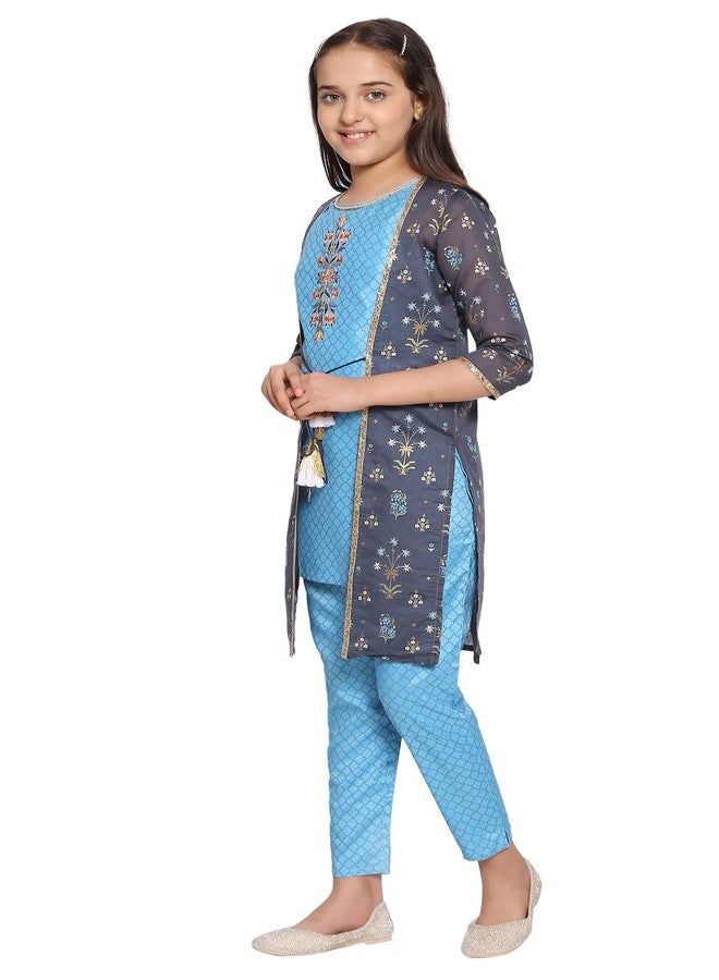 Aurelia Blue Straight Kurta-Trousers-Gilet Girls Set - Image 2