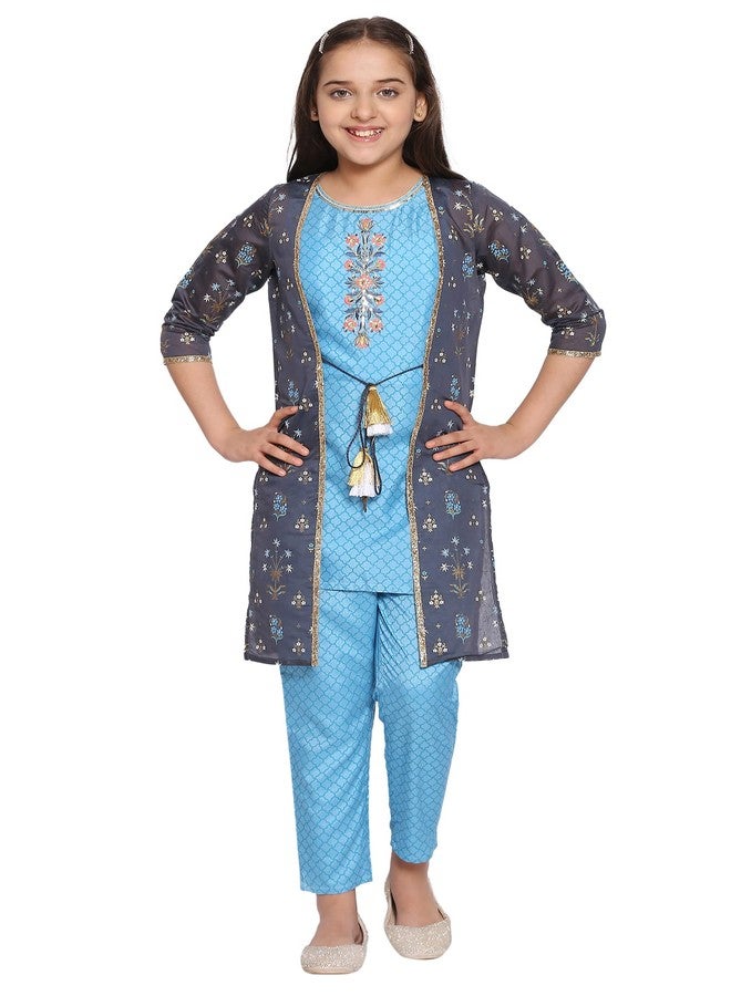 Aurelia Blue Straight Kurta-Trousers-Gilet Girls Set - Image 1