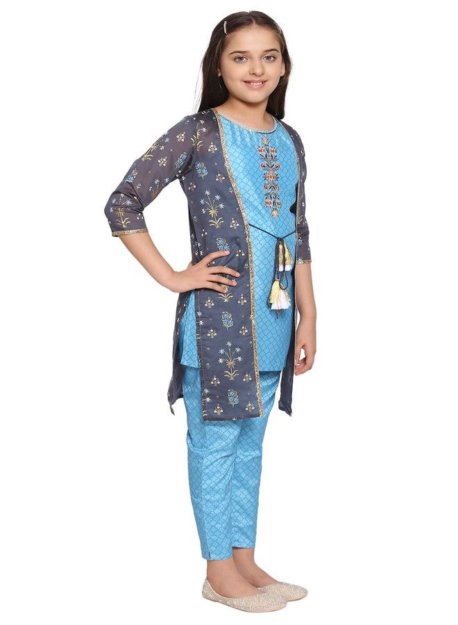 Aurelia Blue Straight Kurta-Trousers-Gilet Girls Set - Image 4