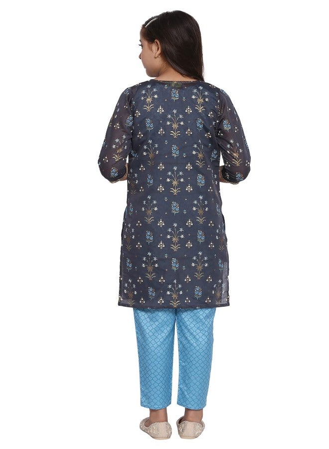 Aurelia Blue Straight Kurta-Trousers-Gilet Girls Set - Image 3