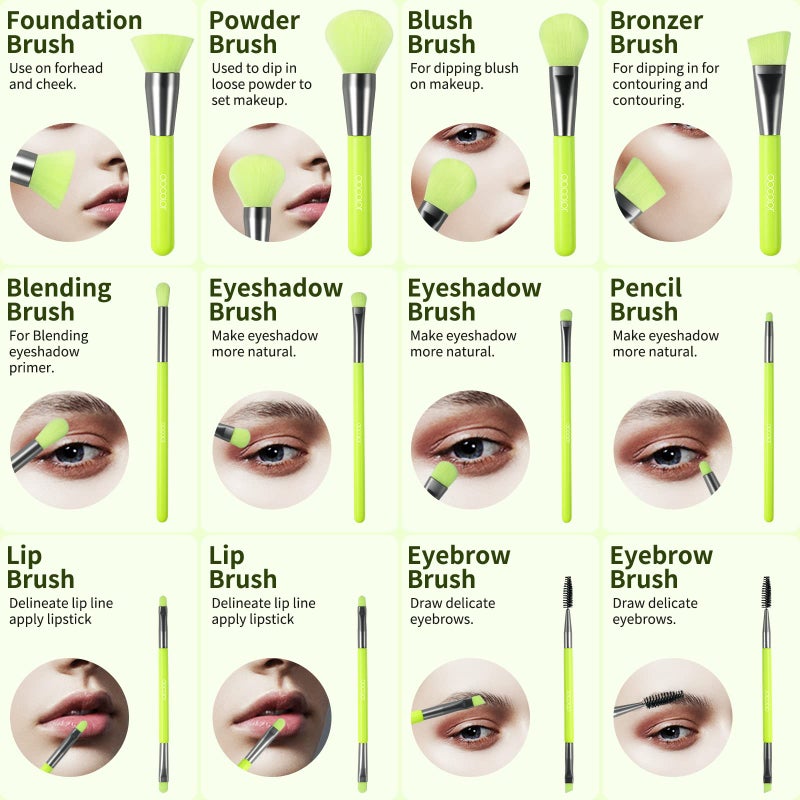 Docolor Makeup Brushes 10Pcs Makeup Brush Set Premium Synthetic Powder Kabuki Foundation Contour Blush Concealer Eye Shadow Blending Liner Make Up Brush Kit - Neon Green - Image 5