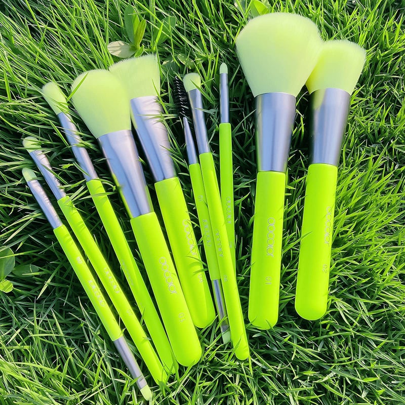 Docolor Makeup Brushes 10Pcs Makeup Brush Set Premium Synthetic Powder Kabuki Foundation Contour Blush Concealer Eye Shadow Blending Liner Make Up Brush Kit - Neon Green - Image 2