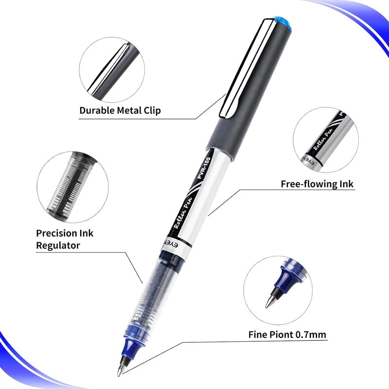 EYEYE Liquid Ink Rollerball Pens, 0.7mm Fine Tip, Pack of 12 (6 Black, 6 Blue) Roller Pens, Quick Dry, Smooth Writing for Journaling, Notes, Office and School Supplies - Image 4