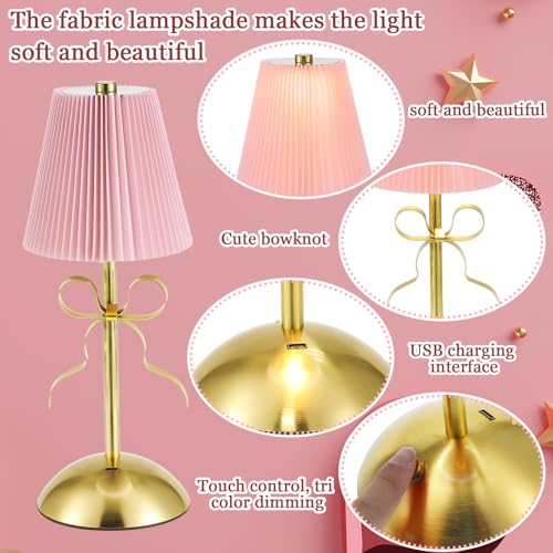Kittmip 2 Pack Small Gold Bow Table Lamp 12 Inch for Girl's Bedroom Cute Coquette Bow Table Lamp with Fabric Shade Modern Decorative Bedside Light Small Princess Desk Lighting Boho Living Room (Pink) - Image 3