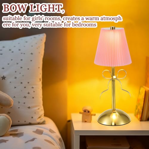 Kittmip 2 Pack Small Gold Bow Table Lamp 12 Inch for Girl's Bedroom Cute Coquette Bow Table Lamp with Fabric Shade Modern Decorative Bedside Light Small Princess Desk Lighting Boho Living Room (Pink) - Image 4