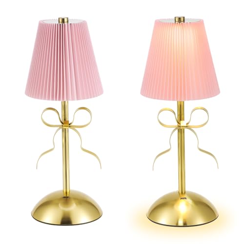 Kittmip 2 Pack Small Gold Bow Table Lamp 12 Inch for Girl's Bedroom Cute Coquette Bow Table Lamp with Fabric Shade Modern Decorative Bedside Light Small Princess Desk Lighting Boho Living Room (Pink) - Image 1