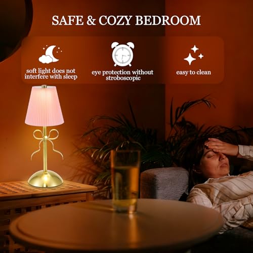 Kittmip 2 Pack Small Gold Bow Table Lamp 12 Inch for Girl's Bedroom Cute Coquette Bow Table Lamp with Fabric Shade Modern Decorative Bedside Light Small Princess Desk Lighting Boho Living Room (Pink) - Image 5