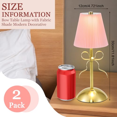 Kittmip 2 Pack Small Gold Bow Table Lamp 12 Inch for Girl's Bedroom Cute Coquette Bow Table Lamp with Fabric Shade Modern Decorative Bedside Light Small Princess Desk Lighting Boho Living Room (Pink) - Image 2
