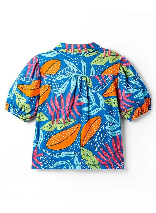 Pine Kids Pine Kids Cotton Knit Puffed Sleeves Top with Tropical Print - Blue