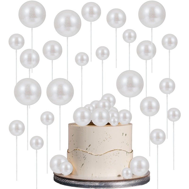 Ephlyn 30Pcs Glitter Balls Cake Topper Foam Ball Cake Picks Mini Balloon DIY Cake Insert Topper Decoration for Baby Shower Wedding Anniversary Kids Birthday Graduation Party Cake Decorations Light White - Image 1