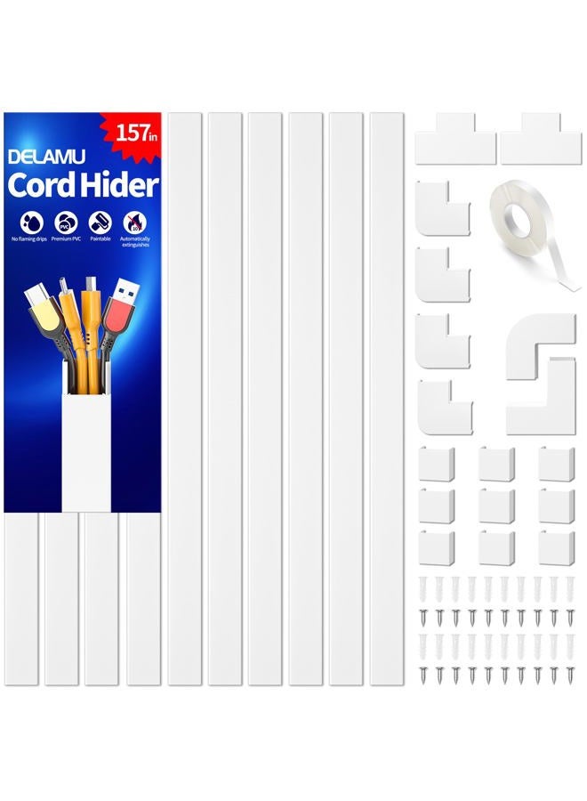 Delamu 157in Cord Hider Wall, TV Cable Hider Cord Covers for Wires on Wall, Large Cable Management Raceway, Paintable Wire Hiders Wire Covers for Cords for TV on Walls, 10 X L15.7 W1.18 H0.6in, White - Image 1
