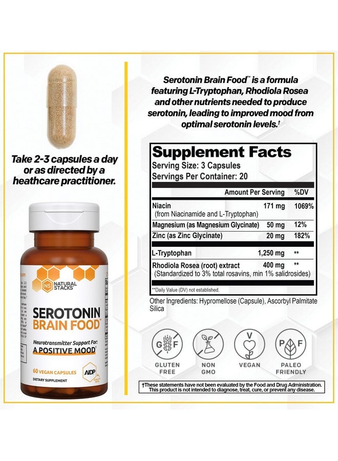 ناتشورال ستاكس غذاء الدماغ السيروتونين - 1250 ملغ إل-تريبتوفان و400 ملغ روديولا روزيا - مكمل غذائي لدعم المزاج وتخفيف التوتر - دعم الناقل العصبي مع جليسينات المغنيسيوم والزنك - 60 كبسولة - Image 2
