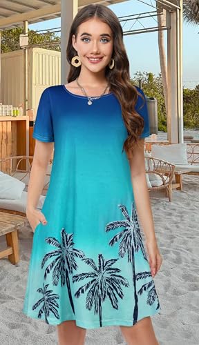 elescat Summer Dresses for Women Casual Short Sleeve Loose Beach Cover Up Scoop Neck Floral Sundress with Pockets(Blue Hawaiian Tree, 2XL) - Image 2